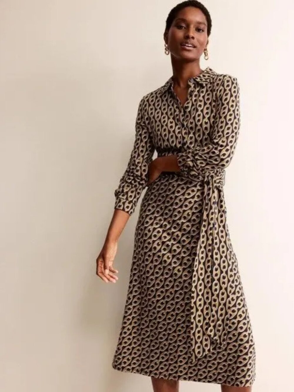Boden Laura Jersey Midi Shirt Dress Camel Black Geo Chain Jersey Tencel Size 4P